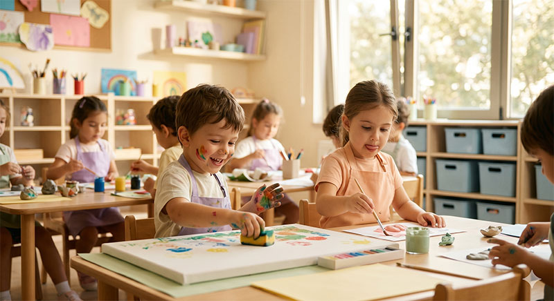 Okul öncesi sanat atölyesinde resim yapan çocuklar — İhlas Koleji Yaz Okulu